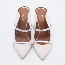 Pre Owned Malone Souliers Light Pink/Silver Fabric And Leather Maureen Pointed Toe Mules Size 37.5