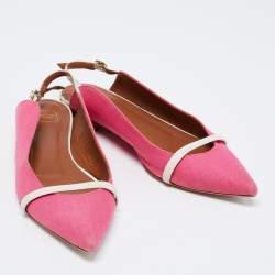 Pre Owned Malone Souliers Pink/Off-White Fabric and Leather Marion Luwolt Slingback Flats Size 37