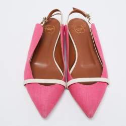 Pre Owned Malone Souliers Pink/Off-White Fabric and Leather Marion Luwolt Slingback Flats Size 37