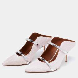 Pre Owned Malone Souliers Pink/Silver Fabric And Leather Maureen Pointed Toe Mules Sandals Size 37