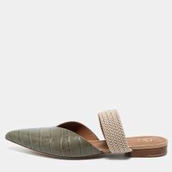 Pre Owned Malone Souliers Grey Croc Embossed Leather and Elastic Maisie Flat Mules Size 38