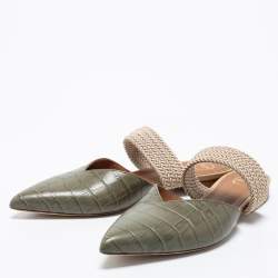 Pre Owned Malone Souliers Grey Croc Embossed Leather and Elastic Maisie Flat Mules Size 38