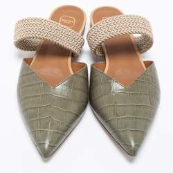 Pre Owned Malone Souliers Grey Croc Embossed Leather and Elastic Maisie Flat Mules Size 38