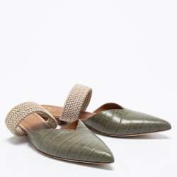 Pre Owned Malone Souliers Grey Croc Embossed Leather and Elastic Maisie Flat Mules Size 38