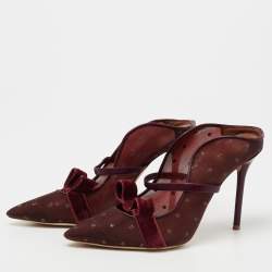 Pre Owned Malone Souliers Burgundy Polka Dot Mesh And Leather Marguerite Bow Mules Size 37