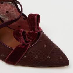 Pre Owned Malone Souliers Burgundy Polka Dot Mesh And Leather Marguerite Bow Mules Size 37