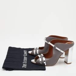 Pre Owned Malone Souliers Grey/Silver Leather And Patent Leather Maureen Open Toe Block Heel Mules Size 38