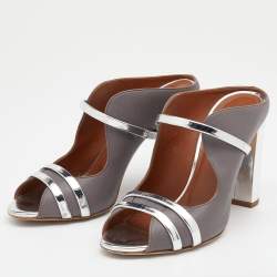Pre Owned Malone Souliers Grey/Silver Leather And Patent Leather Maureen Open Toe Block Heel Mules Size 38