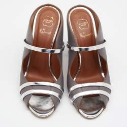 Pre Owned Malone Souliers Grey/Silver Leather And Patent Leather Maureen Open Toe Block Heel Mules Size 38