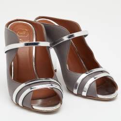 Pre Owned Malone Souliers Grey/Silver Leather And Patent Leather Maureen Open Toe Block Heel Mules Size 38
