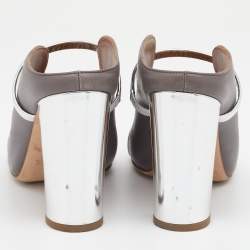 Pre Owned Malone Souliers Grey/Silver Leather And Patent Leather Maureen Open Toe Block Heel Mules Size 38
