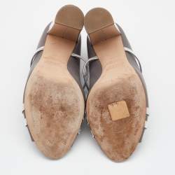 Pre Owned Malone Souliers Grey/Silver Leather And Patent Leather Maureen Open Toe Block Heel Mules Size 38