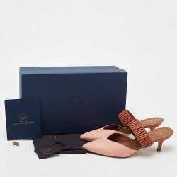 Pre Owned Malone Souliers Pink/Brown Woven Straw and Leather Maisie Mules Size 38