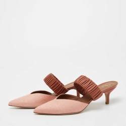Pre Owned Malone Souliers Pink/Brown Woven Straw and Leather Maisie Mules Size 38