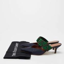 Pre Owned Malone Souliers Navy Blue/Green Straw and Fabric Maisie Mules Size 36