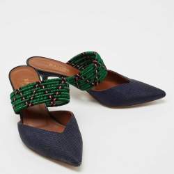 Pre Owned Malone Souliers Navy Blue/Green Straw and Fabric Maisie Mules Size 36