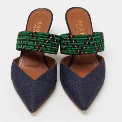 Pre Owned Malone Souliers Navy Blue/Green Straw and Fabric Maisie Mules Size 36