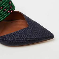 Pre Owned Malone Souliers Navy Blue/Green Straw and Fabric Maisie Mules Size 36