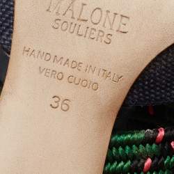 Pre Owned Malone Souliers Navy Blue/Green Straw and Fabric Maisie Mules Size 36