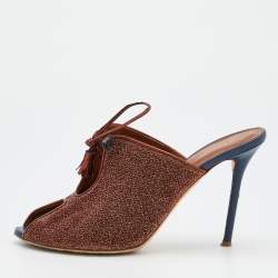 Pre Owned Malone Souliers Brown Metallic Fabric And Leather Lace Up Mules Size 41