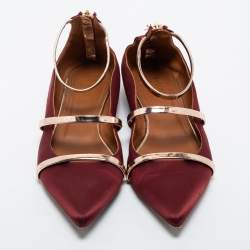 Pre Owned Malone Souliers Burgundy/Leather Satin Maureen Ballet Flats Size 40