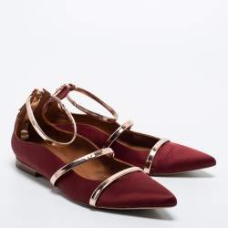 Pre Owned Malone Souliers Burgundy/Leather Satin Maureen Ballet Flats Size 40