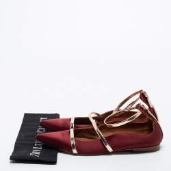 Pre Owned Malone Souliers Burgundy/Leather Satin Maureen Ballet Flats Size 40