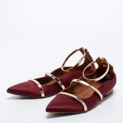 Pre Owned Malone Souliers Burgundy/Leather Satin Maureen Ballet Flats Size 40