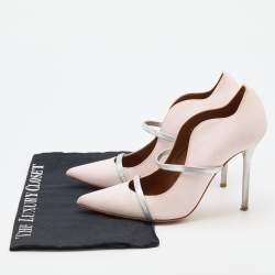Pre Owned Malone Souliers Light Pink/Silver Fabric and Leather Maureen Pointed Toe Mules Size 39