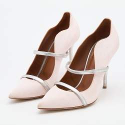 Pre Owned Malone Souliers Light Pink/Silver Fabric and Leather Maureen Pointed Toe Mules Size 39