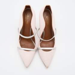 Pre Owned Malone Souliers Light Pink/Silver Fabric and Leather Maureen Pointed Toe Mules Size 39