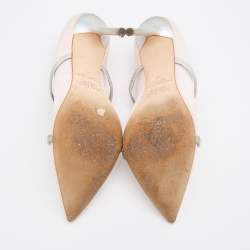 Pre Owned Malone Souliers Light Pink/Silver Fabric and Leather Maureen Pointed Toe Mules Size 39