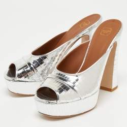Pre Owned Malone Souliers Metallic Silver Leather Yasmine Open Toe Block heel Sandals Size 40