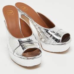 Pre Owned Malone Souliers Metallic Silver Leather Yasmine Open Toe Block heel Sandals Size 40