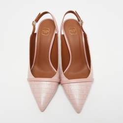 Malone Souliers Pink Croc Embossed Leather Marion Pointed Toe Slingback Pumps Size 38