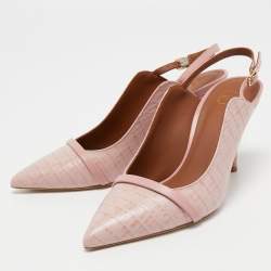 Malone Souliers Pink Croc Embossed Leather Marion Pointed Toe Slingback Pumps Size 38