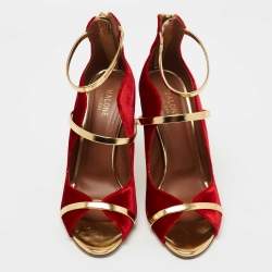 Pre Owned Malone Souliers Red/Gold Velvet and Leather Mika Sandals Size 40
