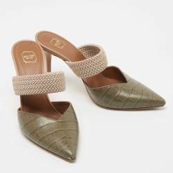 Pre Owned Malone Souliers Army Green Croc Embossed Leather Maisie Mules Size 37