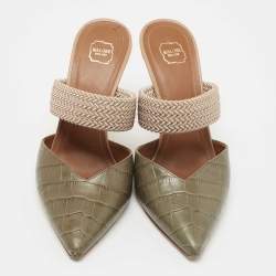 Pre Owned Malone Souliers Army Green Croc Embossed Leather Maisie Mules Size 37