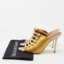 Pre Owned Malone Souliers Yellow/Gold Satin and Leather Zada Mules Size 38.5