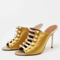 Pre Owned Malone Souliers Yellow/Gold Satin and Leather Zada Mules Size 38.5