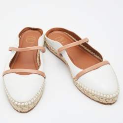 Pre Owned Malone Souliers White/Brown Leather Sienna Flat Espadrille Mules Size 35