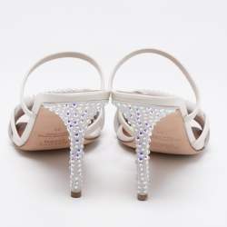 Pre Owned Malone Souliers Silver Leather and Suede Crystal Embellished Slide Sandals Size 39