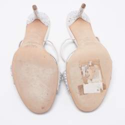Pre Owned Malone Souliers Silver Leather and Suede Crystal Embellished Slide Sandals Size 39