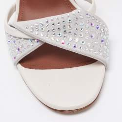 Pre Owned Malone Souliers Silver Leather and Suede Crystal Embellished Slide Sandals Size 39