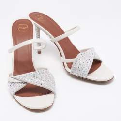 Pre Owned Malone Souliers Silver Leather and Suede Crystal Embellished Slide Sandals Size 39