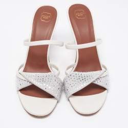 Pre Owned Malone Souliers Silver Leather and Suede Crystal Embellished Slide Sandals Size 39