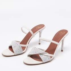 Pre Owned Malone Souliers Silver Leather and Suede Crystal Embellished Slide Sandals Size 39