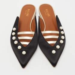 Pre Owned Malone Souliers Black/Gold Satin and Leather Zelda Flat Mules Size 38