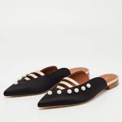 Pre Owned Malone Souliers Black/Gold Satin and Leather Zelda Flat Mules Size 38